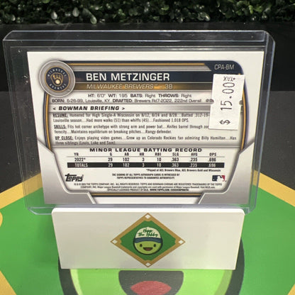 Ben Metzinger 2023 Bowman Chrome - Autographs Yellow Refractor #CPA-BM 4/75